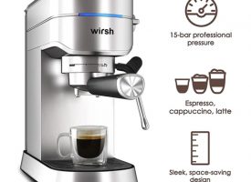 Wirsh 15 Bar Espresso Machine with Commercial Steam Frother, Brushed Stainless Steel