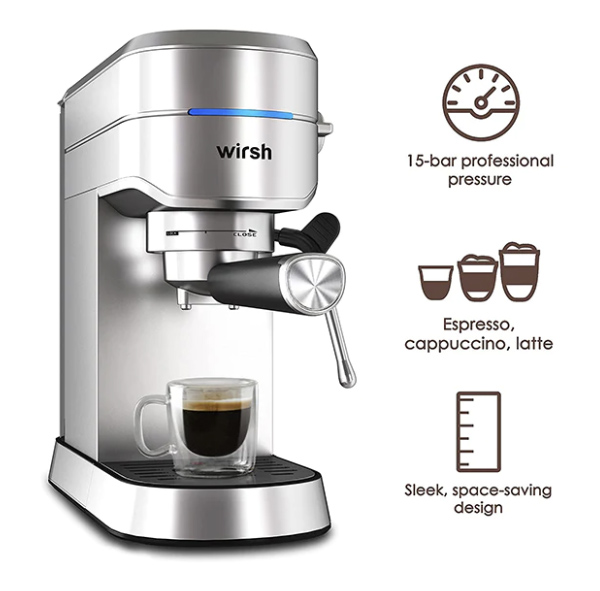 Wirsh 15 Bar Espresso Machine with Commercial Steam Frother Brushed