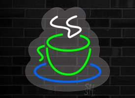 17 x 17 in. Coffee Cup Logo Contoured Clear Backing LED Neon Sign - White, Green & Blue