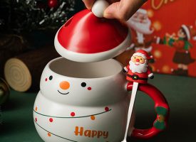 Christmas Ceramic Cup with Lid - Santa Claus - Snowman - 4 Patterns