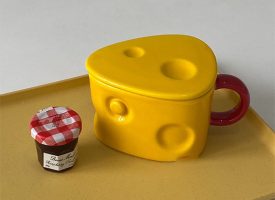 Cheesy Coffee Cup - Includes Lid - Ceramic - Red Handle