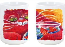Big Red Cat at the fishbowl Dishwasher Safe Microwavable Ceramic Coffee Mug