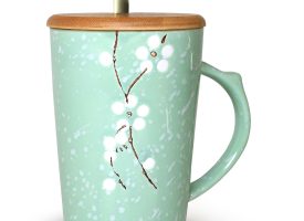 Ceramic Mug Sakura Floral Design with Spoon and Wood Lid