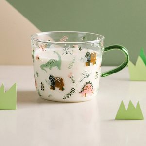 Dinosaur Themed Glass Mug - Green - Brown - 17.1 oz Capacity