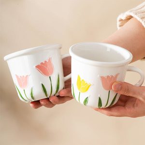 Elegant Tulip Mug - Ceramic - Pink - Yellow