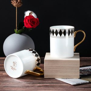 Black Argyle Pattern Mug - Ceramic - Golden Handle
