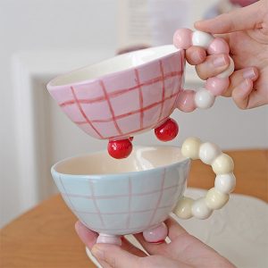 Pretty Mug - Bead Shaped Handle - Ceramic - Pink - Blue