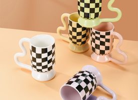 Checkerboard Ceramic Mug - White - Yellow - Purple - 5 Colors
