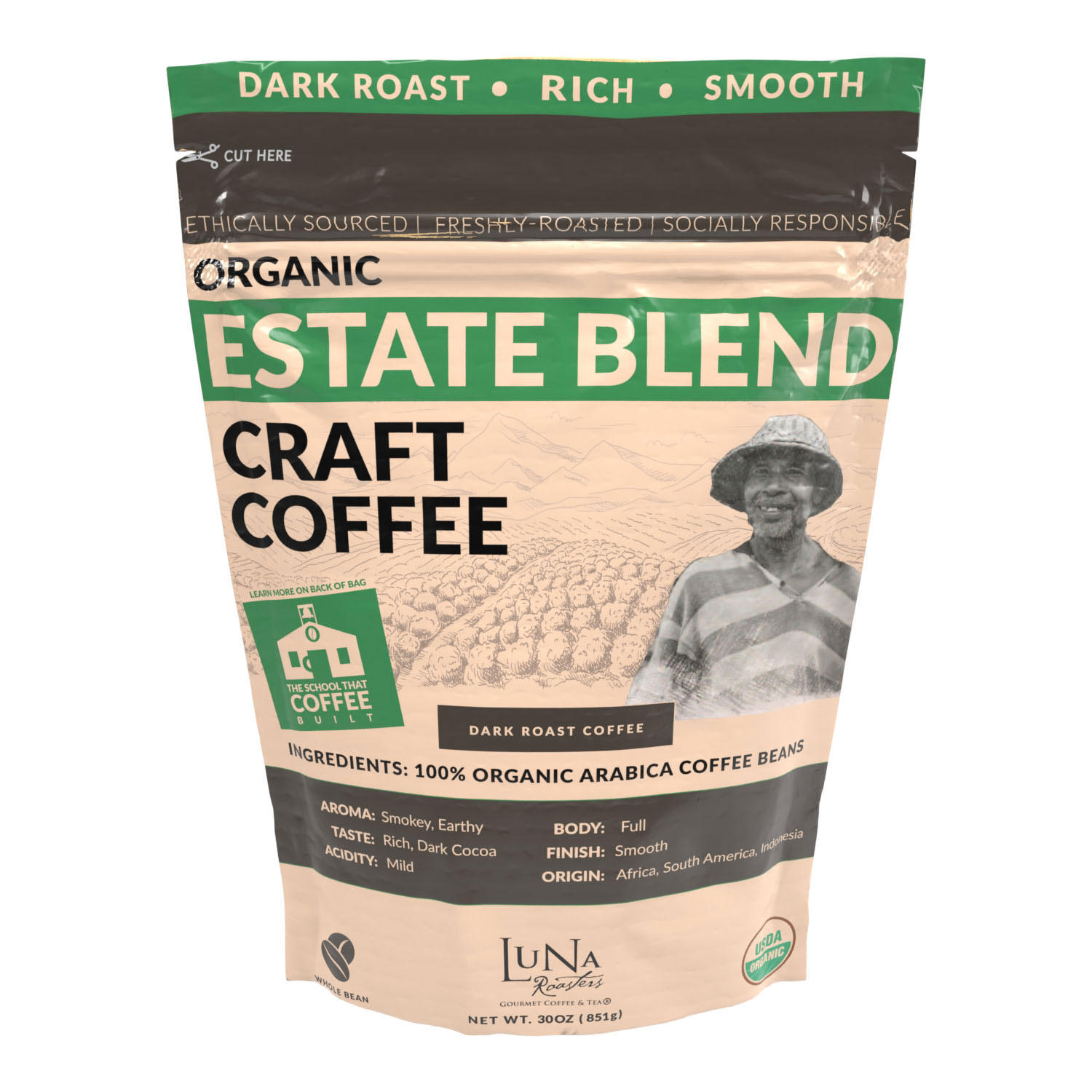 Luna Roasters Organic Estate Blend Craft Whole Bean Coffee, Dark Roast ...