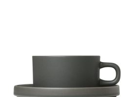 63910 6 oz PILAR Tea Cups with Saucers Agave Green - Set of 2