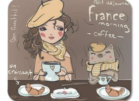 Chef Cute Girl with Cat Eat Breakfast Coffee Drink France Mousepad Mouse Pad Mouse Mat 9x10 inch