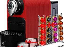 ChefWave Espresso Machine & Coffee Maker Compatible w/ Original Capsules (Red) - Programmable One-Touch Premium Italian 20 High Pressure Pump with Pod Holder and Double-Wall Glas